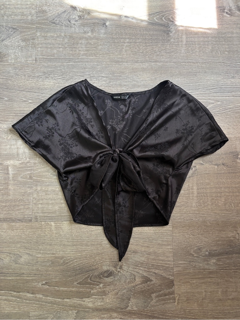 Black Tie-Front Satin Crop Top